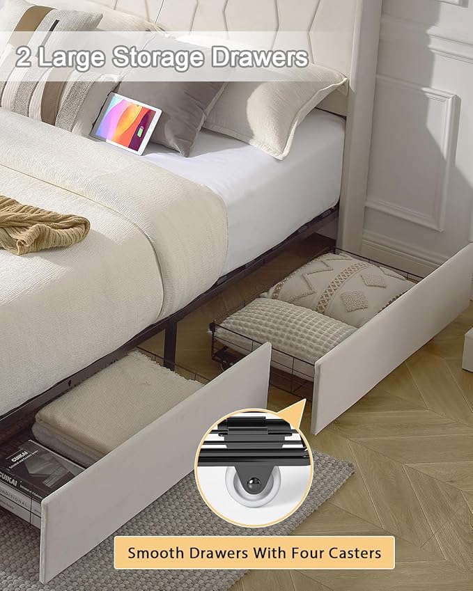 Queen Bed Frame, Velvet Upholstered LED Platform Bed with Headboard Storage, Queen Bed Built-in Charging Station with 4 Drawers, Wood Slat Support, No Box Spring Needed, Beige
