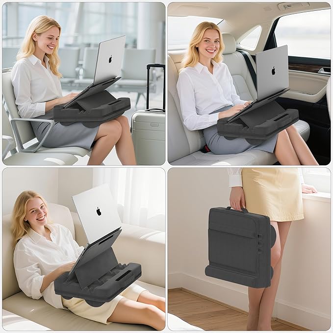 Laptop Lap Desk with Cushion, Adjustable Lap Desk Pillow with Storage, Portable Lap Table for Adults Student, Laptop Stand for Bed Office College Dorm Home Room Couch, Fit Up to 14.9" PC Tablet, Black