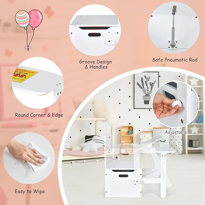 HONEY JOY Kids Table and Chair Set, 3-in-1 Convertible Wooden Toy Storage Bench with Handle, Toddler Furniture Set for Daycare Playroom, Gift for Boys Girls 3+ (Pure White)