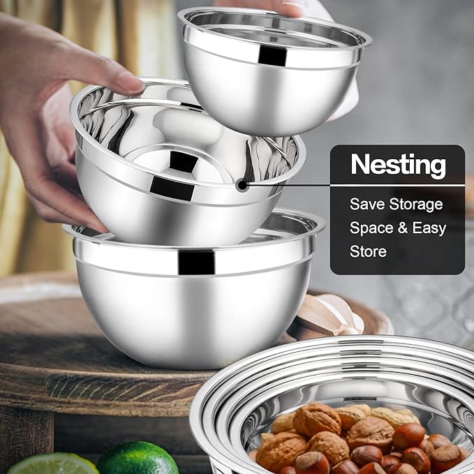 E-far Stainless Steel Mixing Bowls with Airtight Lids, 7-Piece Metal Nesting Bowls with Black Lids for Saving Storage Space, Size 7, 4.6, 3, 2, 1.5, 1, 0.7QT, Great for Baking/Cooking/Prepping