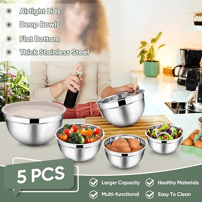 TeamFar Mixing Bowls with Lids, 5-Piece Stainless Steel Metal Nesting Salad Bowl for Mixing Prepping, Healthy & Heavy Duty, Airtight Lids & Dishwasher Safe, 4.5/3/1.5/1/0.7 QT-Khaki