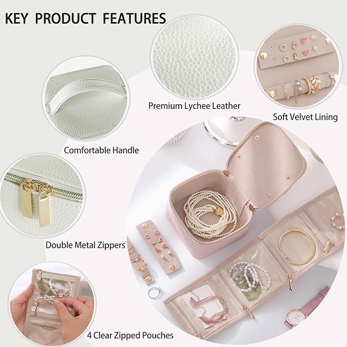 PU Leather Travel Jewelry Organizer Case with 4 Pouches & Handle, Anti-Tangle Storage Box for Necklace, Earrings, Rings, Compact Jewelry Box for Women Gift (Beige)