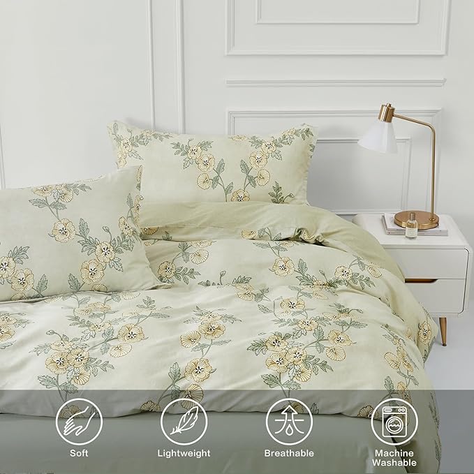 SAPHREAS Green Leaf Twin Duvet Cover Set 2pcs Tropical Botanical Yellow Flower Bedding Comforter Cover Set 100% Cotton 1 Duvet Cover 1 Pillow Sham, Comforter Not Included