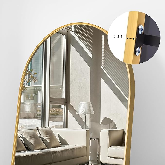 Arched Floor Mirror, 56"x20" Full Length Mirror, Standing Mirror Hanging or Leaning, Body Mirrors with Stand, Wall Mounted Arched-Top Mirrors with Aluminum Frame for Bedroom (Gold)