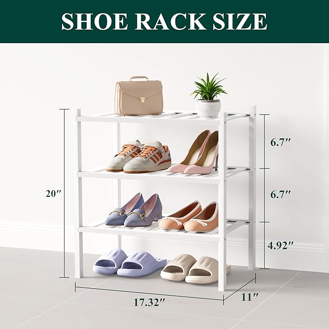 Smiry Bamboo Shoe Rack for Closet, 3 Tier Small Wooden Stackable Shoe Organizer, Free Standing Shoes Storage Shelf for Entryway, Front Door Entrance, White