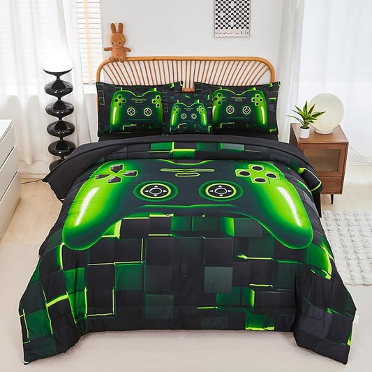 PERFEMET 6 Pieces Twin Gaming Bedding Set Green Game Console Kids Bed in A Bag 3D Black Gamer Comforter Set with Sheets for Boys Teen Lightweight Gamepad Bedroom Set(Green, Twin)