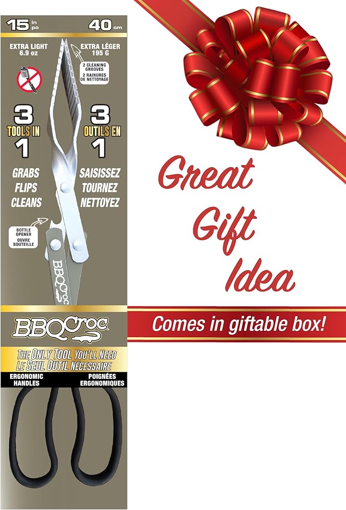 BBQ Croc 3 in 1 Barbecue Tool 15-inch - Extra Light Tongs, Spatula and Grill Scraper (Green)