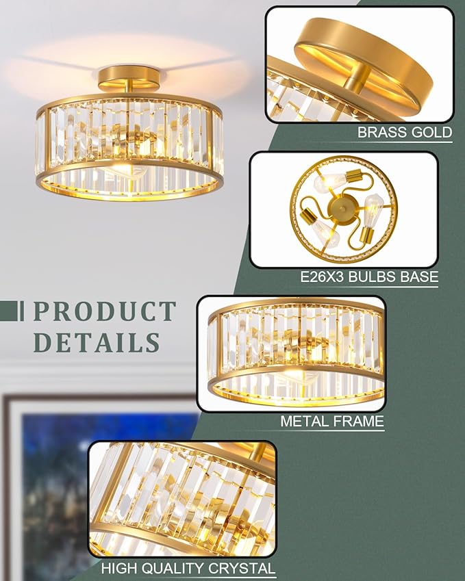 black flush Mount ceiling light, 3- lights caged crystal chandelier, small drum hallway light fixtures ceiling Mount, 14 INCH Brass Gold (3-Lights)