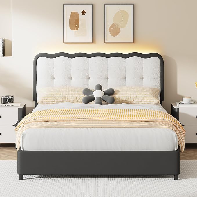 BarnFurin Full Size Bed Frame with LED Lights, Full Bed Frame with Headboard LED Lights, Upholstered Platform Bed with Cloud Headboard, No Box Spring Required, Easy Assembly, Black