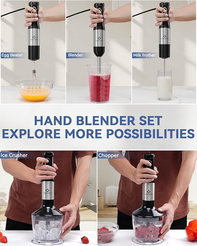 LINKChef 7 in 1 Immersion Blender Handheld, 800W Hand Blender Set, Scratch Resistant with 2 Titanium Steel Blades, 20 Speed and Turbo Mode, Includes Whisk, Milk Frother, Food Processor & Beaker