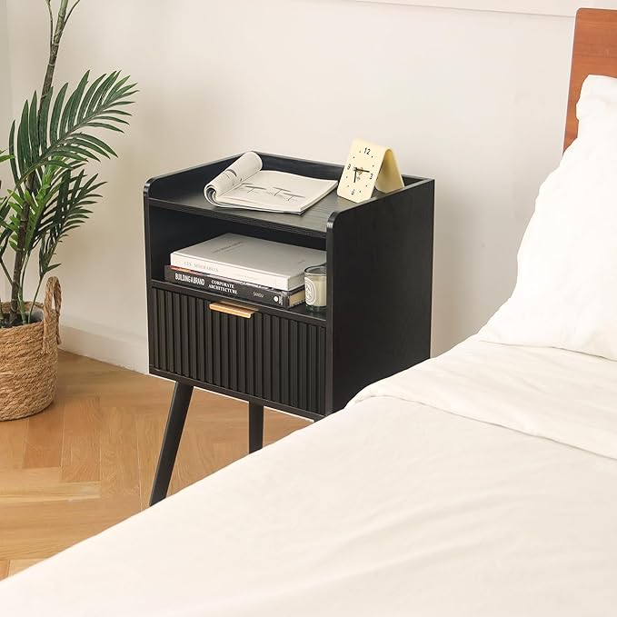 AWASEN Black Fluted Nightstand, Modern Bedside Table with Storage Drawers, Small Night Stand Bed Side Table with Solid Wood for Living Room, Bedroom, Office and Small Space (Black)