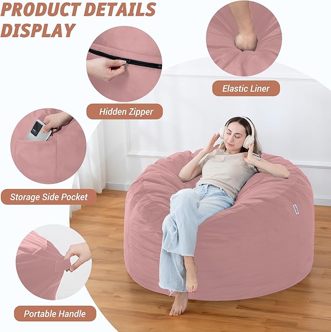 4FT Bean Bag Chair with Ultra Soft Velvet Cover Bean Bag Sofa with Memory Foam Bean Bag Chairs with Large Size Lazy Sofa for Dorm Office Living Room Bedroom Dusty Pink 4'