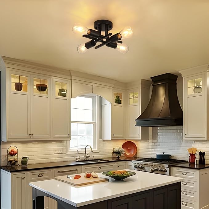 WILON Semi Flush Mount Ceiling Light Fixture, 4-Light Industrial Black Ceiling Light, Modern Sputnik Chandelier Small Ceiling Lamp for Kitchen Bedroom Living Room Dining Bathroom Laundry Hallway