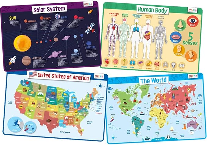 Merka Placemats for Kids, 4 Pack Educational Placemats for Dining Table, No-Slip, Washable, Reusable, Learning Solar System, Human Body Chart, World Geography, and USA Map