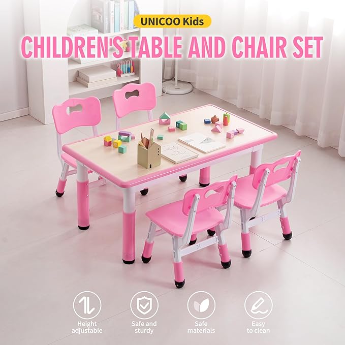 UNICOO Kids Table and Chairs Set, Height Adjustable Multi-Activity Preschool Table with Graffiti Desktop for Ages 2-8 - Versatile Kids Tables for Play, Learning, and Creativity(Maple Top/Pink Border)
