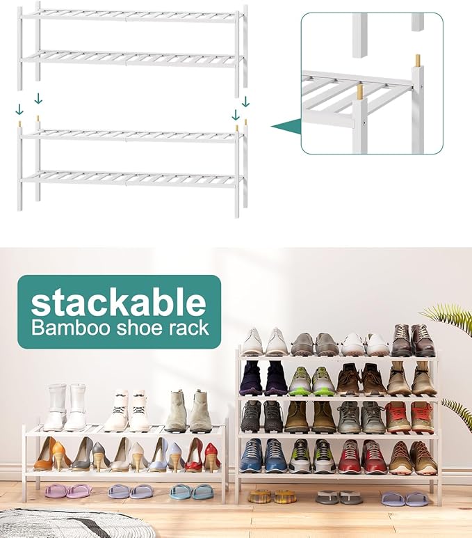 Long Shoe Rack for Entryway,Shoe Organizer for Hallway Closet, Bamboo Wood Shoe Racks for Indoor Outdoor (White, 2-Tier Long)