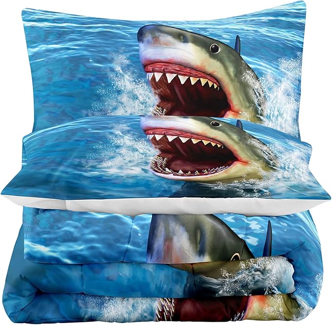 Tailor Shop Big Shark Comforter Set for Boys Teens Shark Open Big Mouth Blue Ocean Comforter Shark Bedding Set King Size with 1 Comforter 2 Pillowcases