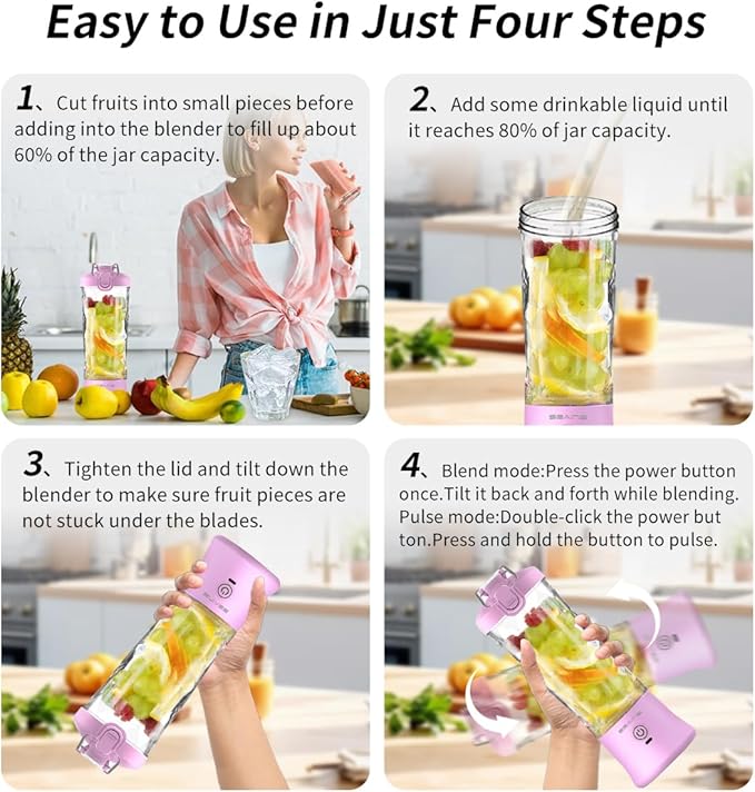 Portable Blender with 20 Oz Travel Cup, Mini Personal Size with 6 Blades and USB Rechargeable for Shakes, Smoothies, Gym, Kitchen and Outdoors (Purple)