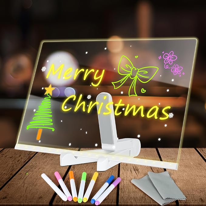 Acrylic Dry Erase Board LED Note Board with Colors, 2025 New Glowing Acrylic Message Marker Board with Light, Dry Erase Board with Stand & 7 Colored pens Illuminated Drawing Board 11.8in * 7.9in