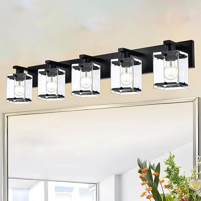 5-Light Modern Vanity Lighting, Black Bathroom Light Fixture Over Mirror with Rectangular Clear Glass,E26 Bulb Base