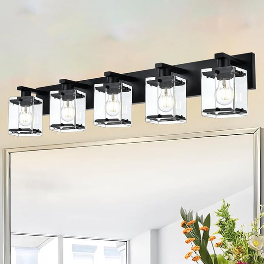 5-Light Modern Vanity Lighting, Black Bathroom Light Fixture Over Mirror with Rectangular Clear Glass,E26 Bulb Base
