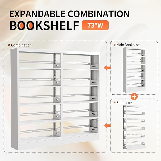 71" Metal Book Shelf, 5 Tier Bookshelf with Adjustable Shelves, Bookshleves and Bookcases, Heavy Duty Library Book Case, Expandable Combination Bookshelf (White, 72.8" W)