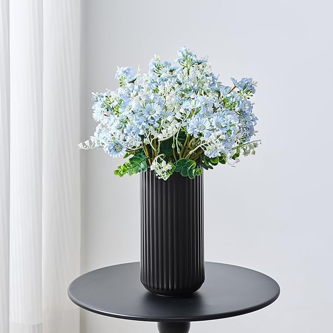 Black Ceramic Flower Vase for Pampas Grass, 8 inch Small Decorative Centerpiece Ribbed Vase for Dining Table, Office Desktop, Shelf Bookshelf, Mantel, Entryway, Bathroom, Countertop, Farmhouse, Gift