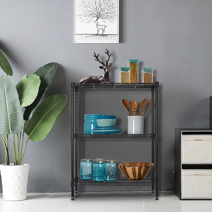 PayLessHere Shelf Shelving Pantry Storage Cabinet 3 Tier Adjustable Metal Storage Shelf 450 lbs Capacity NSF Certified Space Saving Design Adjustable Feet Easy Assembly (Black)