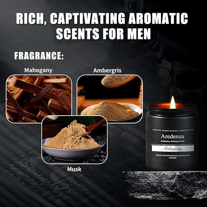 Mahogany Candle, Manly Scented Candles for Home, Masculine Candle Gifts for Men - 7oz Soy Candles for Home Scented, 50 Hours Burn Time, Perfect for Relaxing Home Fragrance