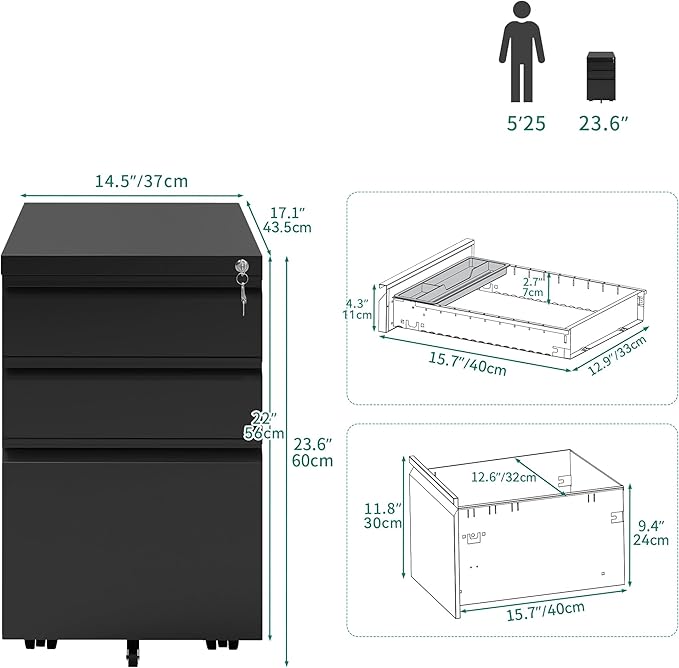 YITAHOME 3 Drawer File Cabinet with Lock, 20” Deep Office Vertical Files, Mobile Metal Filing Cabinet, Metal Vertical Filing Storage Cabinet for Letters/Legal/A4 Size，Black