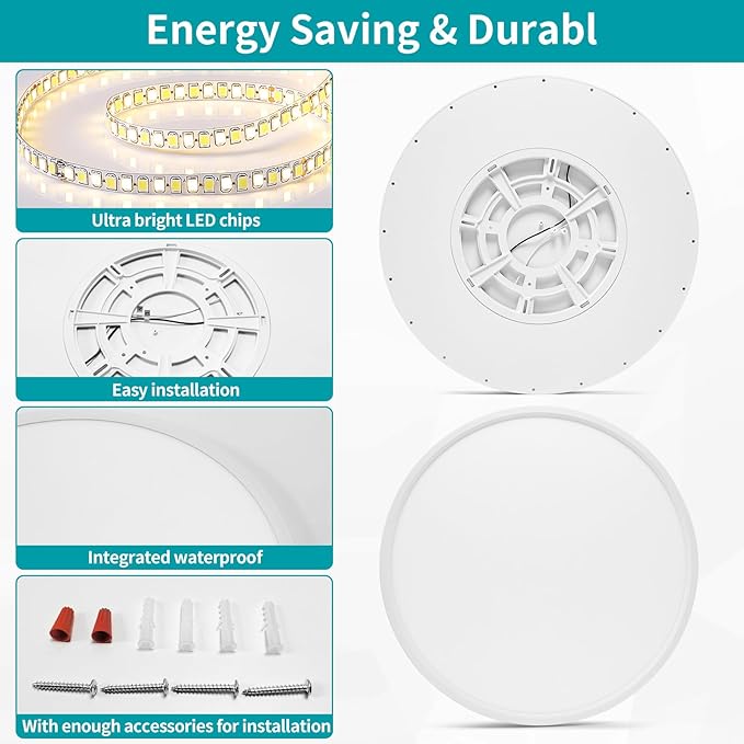 24 Inch Led Ceiling Light Fixture, Ultra Thin Flush Mount, Dimmable with Remote Control, 56W, 5600 Lumen, Modern, Round, White, for Kitchen, Dining Room, Bedroom, Living Room, Home Office