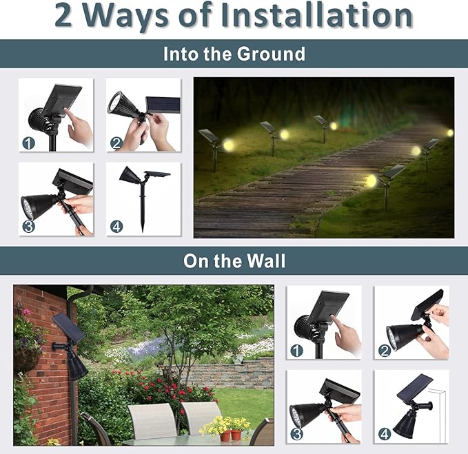 Solar Landscape Spotlights Outdoor, Bright 7-LED Spot Lights, Dusk-to-Dawn Waterproof Solar Powered Flag Pole Lights, Adjustable 2-in-1 Wall/Ground Lighting for Tree House Yard Garden (Warm White)