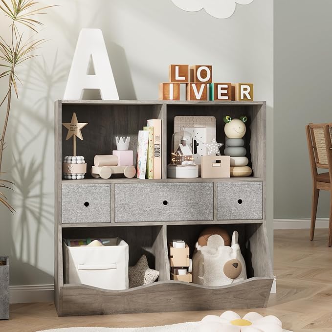 7-Cubby Large Kids Toy Storage Organizer, Children Wood Bookcase and Bookshelf, 3-Tier Toy Storage Cabinet with 3 Drawers for Hallway, Playroom, Living Room, School,Gray