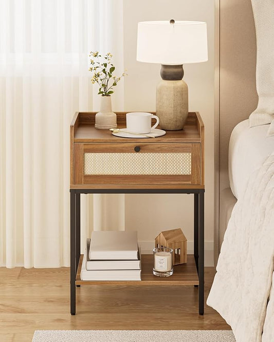 Nightstand,3-Tier Modern Night Stand,Bedside Table with Storage Drawer and Shelf,Small Side Table for Bedroom,Living Room,Walnut Brown