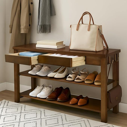 Wood Shoe Bench Entryway with Drawer: 2-Tiers Wooden Storage Shoe Rack with Bench Seat, Compact Mid-Century Modern Design for Entryway, Hallway, Closet, Front Door Entrance, Foyer 43.3" Walnut