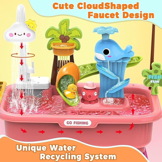 2026 Upgraded Water Table for Toddlers 1-3, Water Table with Pump,Toy Kitchen Sets for Kids Ages 4-8, with Detachable Legs, Play Sink with Electric Faucet, Includes Play Vegetables and Fishing Game