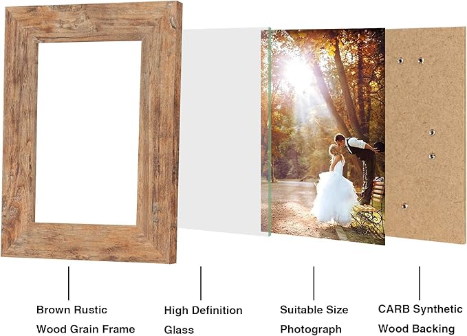 5x7 Picture Frame Set of 4, High Definition Real Glass Rustic Brown Frame, 5 x 7 Photo Frames for Tabletop Display and Wall Mounting