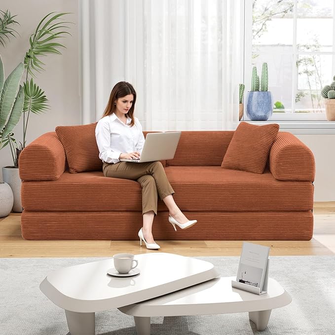 Rovibek 4-in-1 Convertible Sleeper Sofa Bed Queen Size, Foldable Floor Couch Corduroy, Folding Futon Sofa Beds with Pillow and Fixed-Shape Frame, Suitable for Living Room, Bedroom, Lounge, Orange