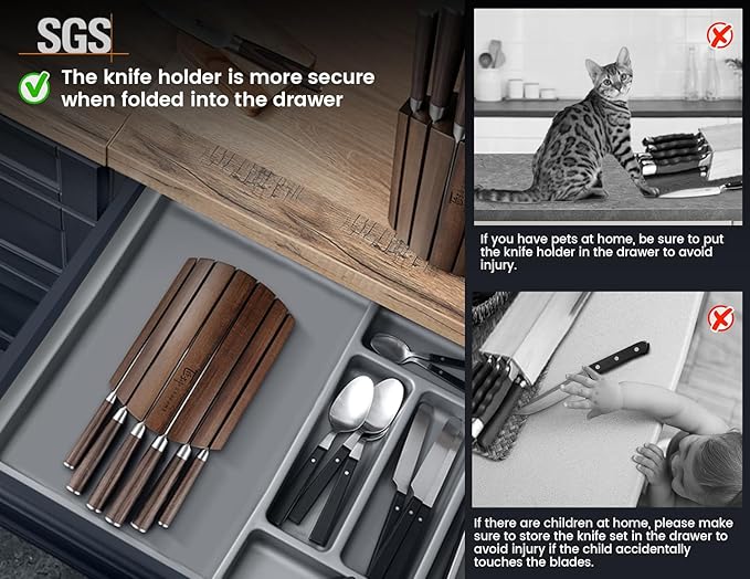 Knife Set 7 Piece Japanese Style Kitchen Knife Set With Foldable Magnetic Acacia Wood Block Sharp High Carbon Stainless Steel Knives Set for Kitchen with Anti-slip Ergonomic Handle