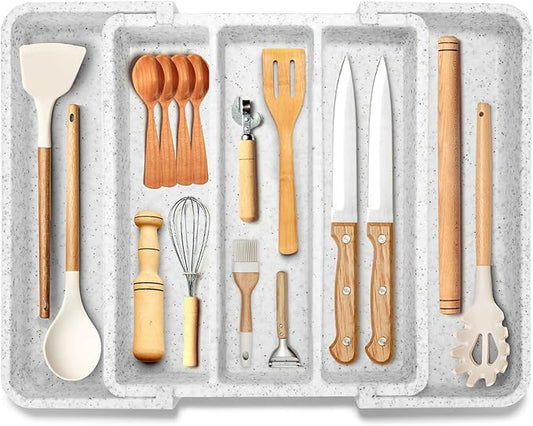 Expandable Large Silverware Organizer, Utensil Drawer Organizer for Kitchen Cutlery, Marble Design， Adjustable Cooking Utensil Tray, Plastic Spatula Tools and Gadgets Storage Divider, White