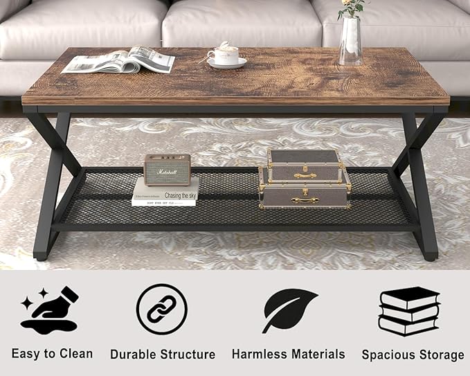 LVB Rustic Coffee Table, Industrial Metal Wood 2 Tier Cocktail Tea Table with Storage for Living Room, Farmhouse Wooden Rectangle Center Table with Mesh Shelf for Office Bedroom, 39 inch, Rustic Brown