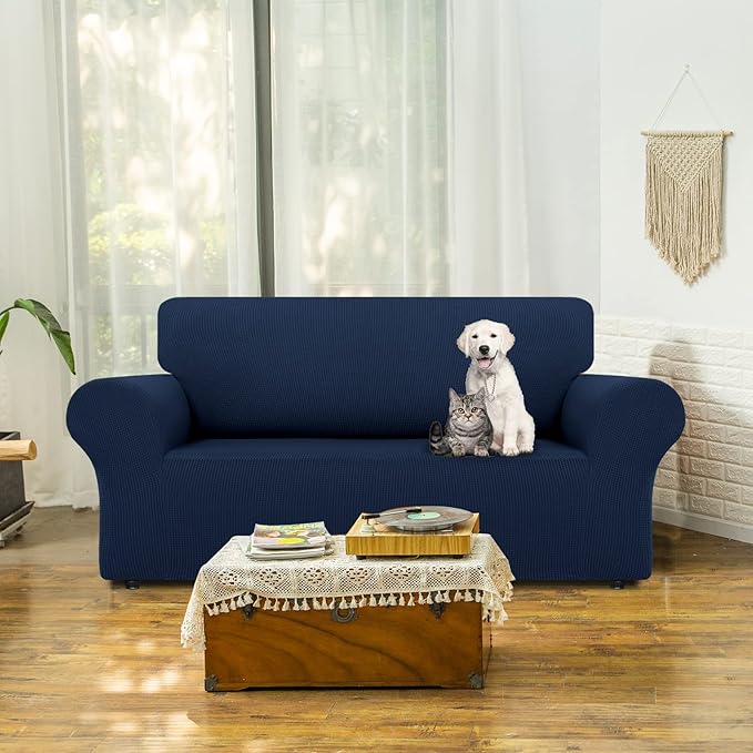 LURKA Stretch Loveseat Sofa Slipcovers 1 Piece Couch Covers for Sofa Furniture Protector Full Sofa Covers with Elastic Bottom for Kids and Dog (Medium, Navy)