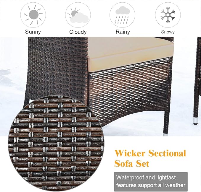 Tangkula 4-PCS Patio Rattan Conversation Set, Outdoor Wicker Furniture Set with Tempered Glass Coffee Table &Thick Cushion, Rattan Chair Wicker Set for Garden, Lawn, Poolside and Backyard (1, Brown)