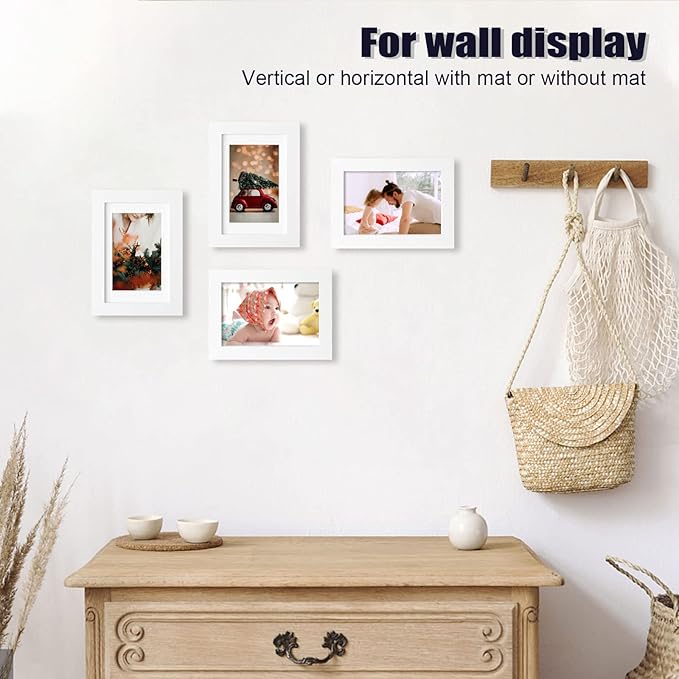 KINLINK 4x6 Frame White, Solid Wood 4 x 6 Picture Frame with Acrylic Plexiglass for 3.5x5 with Mat, Tabletop and Wall Display Photo Frames 4x6 White, 4 Pack