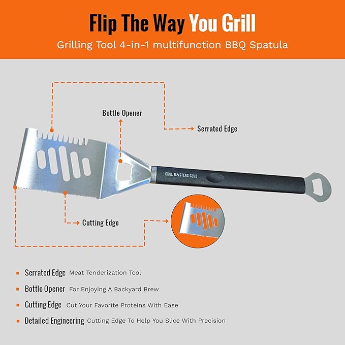 4-in-1 BBQ Spatula | Multifunctional Stainless Steel Grill Spatula with Polypropylene Handle, Serrated Edges, Bottle Opener | Perfect for BBQ grills, kebabs for Camping & Picnics