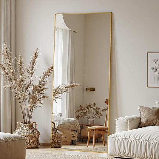 Full Length Mirror, 58"x21" Oversized Floor Mirror Freestanding, Full Body Mirror Floor Standing Mirrors with Stand, Hanging Mounted Mirrors for Bedroom Living Room, Gold, Rect Style