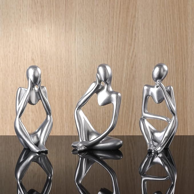 Thinker Statue Gold Decor Abstract Art Sculpture, Golden Resin Collectible Figurines for Home Living Room Office Shelf Decoration,Great Gifts Ideas (Silver)