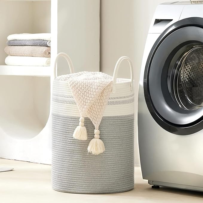 Woven Rope Laundry Hamper Basket, 72L Tall Luandry Basket, Baby Nursery Hamper for Blanket Storage, Clothes Hamper for Laundry in Bedroom-Large-Grey