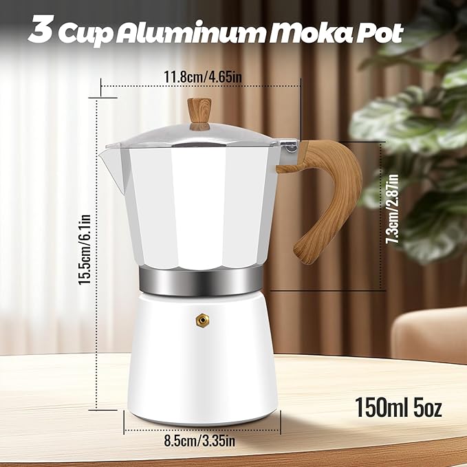3 Cup Aluminum Moka Pot Classic Stovetop Espresso Coffee Maker 150ml 5oz Coffeemaker Percolator Mocha Express Preferred Cafe Makers for Italian and Cuban Café Brewing White
