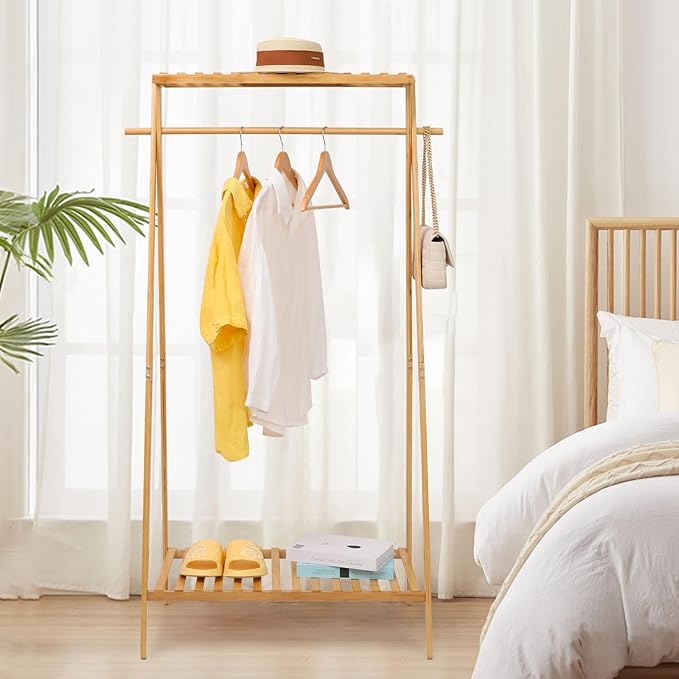 Bamboo Clothing Garment Rack with 2 Tier Storage Shelf Clohes Hanging Stand Portable Closet Organizer for Bedroom Small Apartment Guest Room Laundry Room
